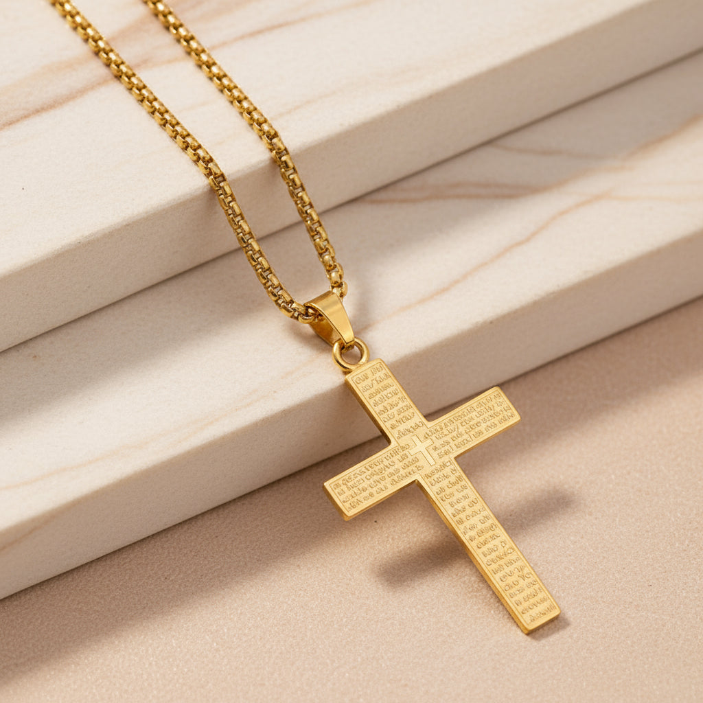 Gold cross necklace on a beige surface